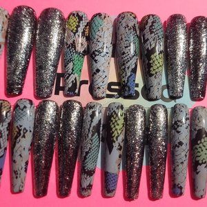 Snake Print, Sliver Shimmer 2xl Ballerina Press on Nails